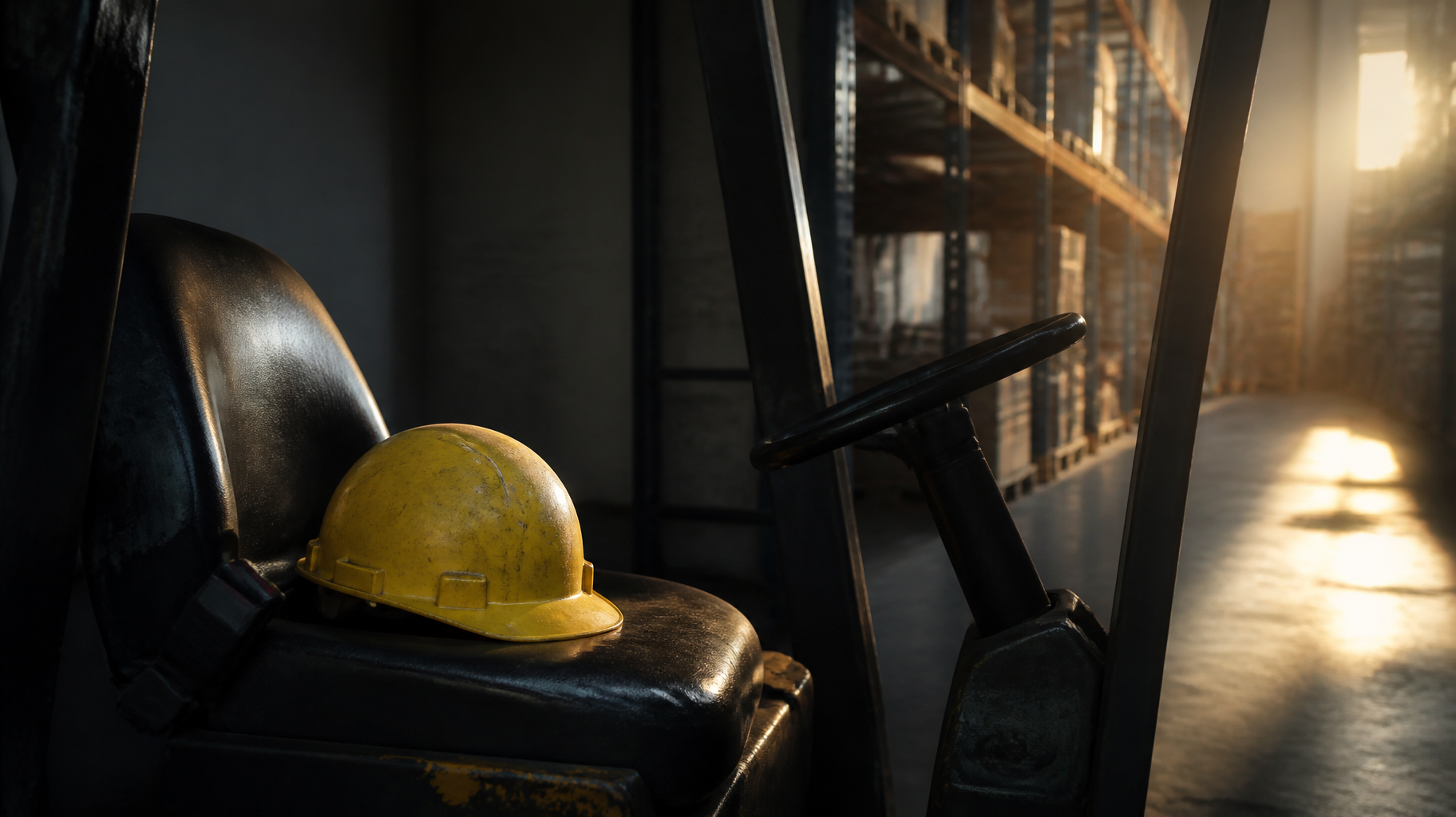 Empty hard hat on a forklift seat illustrating workplace injury statistics for Georgia workers.